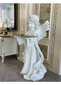 White angel sculpture with golden tray floor decoration for entrance and living room