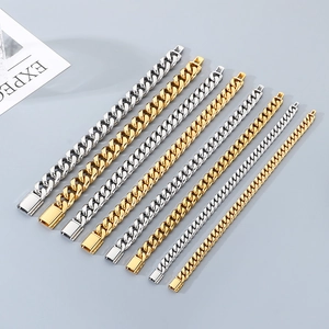 Variety of stainless steel Cuban link bracelets in gold and silver finishes