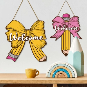Pencil Welcome Sign Wooden Bow Shape Back To School Classroom Wall Hanging Decor Poplar Wood Pendant Art