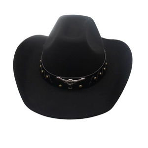Black felt cowboy hat with leather band, gold rivets and silver bull head emblem