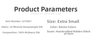 Specifications of 22 momme mulberry silk scrunchie with detailed fabric and hand-sewn info