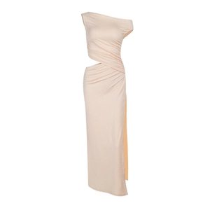 Robe chic mauve à épaules dénudées avec texture scintillante et découpe à la taille