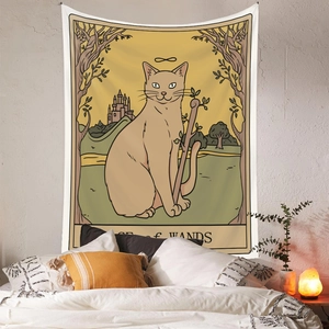 Detail of bohemian tarot cat wall tapestry Ace of Wands hanging in cozy bedroom interior