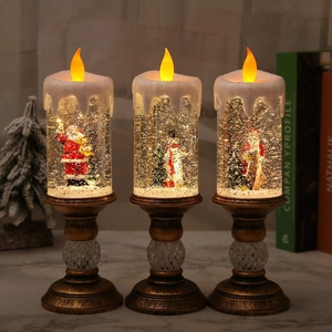 Christmas LED Candle Light Water Filled Snowing Glitter Santa Snowman Retro Ornament Flickering Flame Holiday Decor