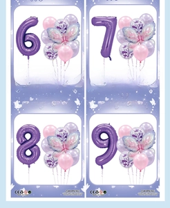 Macro view of butterfly balloon sets with numbers six to nine in pink and purple tones