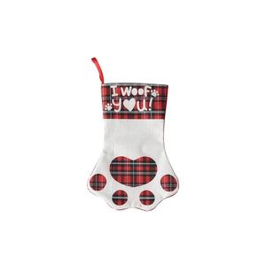 Dog paw Christmas stocking with red buffalo plaid pattern and 'I woof you' printed text