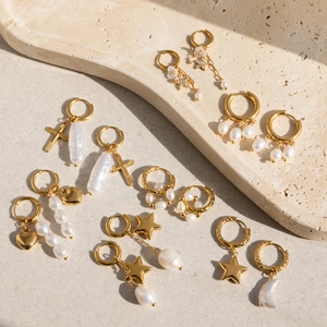 Baroque pearl pendant earrings in 18K gold plated stainless steel with assorted charms