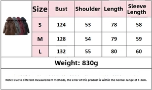 Size chart for women's hooded cotton coat showing measurements for S, M, and L sizes