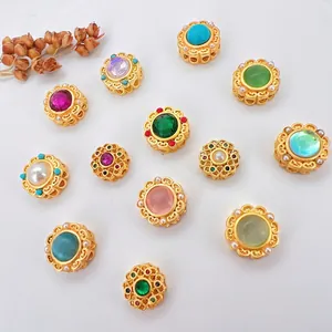 Ancient gold-plated cat eye stone beads with hollow filigree edges for DIY jewelry making