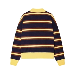 Close-up of the striped knit sweater showing navy and yellow ribbed cuffs and hem details