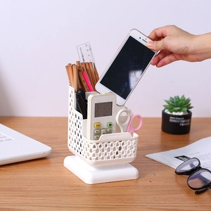 Desktop Organizer Plastic Stepped Design Hollow Rattan Pattern Stationery Pen Holder Storage Box For Office Home School