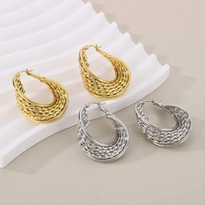 U Shaped Hoop Earrings Stainless Steel Twisted Woven Texture Metallic Minimalist Geometric Jewelry For Women