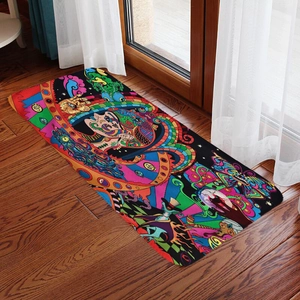 Psychedelic flannel absorbent floor mat with colorful abstract pattern on wood floor