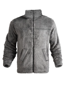 Detail of grey men's fleece jacket showing smooth zipper and stand collar texture