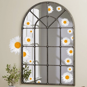 Bohemian watercolor daisy flower wall stickers on an arched vintage window pane mirror