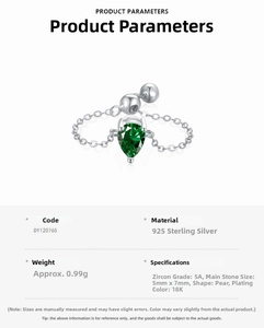 Macro shot of S925 sterling silver chain ring with pear-cut green zircon parameters