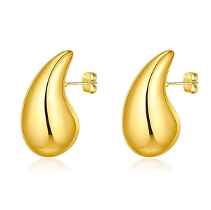 Detail view of hollow waterdrop earrings in polished gold with secure butterfly backing