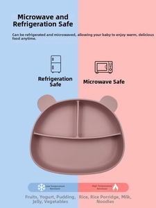Bear silicone plate detail showing microwave safe and refrigerator storage features