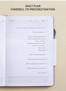 Detail of daily planner notebook page showing time schedule and task checklist
