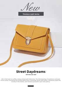 Detail of yellow crossbody bag with V-quilted flap and gold push-lock closure