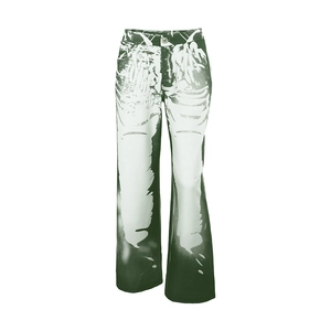 Women's streetwear flared trousers in dark green with abstract bone print pattern