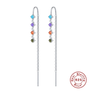 Detailed S925 sterling silver tassel earrings with colorful gems and crescent moon charms