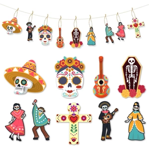 Outdoor Day of the Dead hanging decorations set with colorful sugar skull guitar motifs
