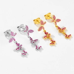 S925 sterling silver butterfly drop earrings with pink gems in gold and silver finish