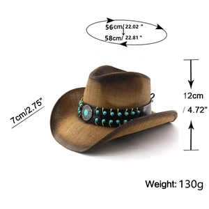 Detail of woven straw cowboy hat with leather band, turquoise beads and silver medal
