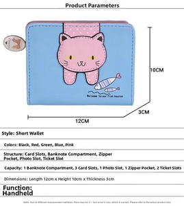 Short blue wallet for women featuring cute cartoon cat print and detailed size dimensions