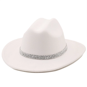 Detailed view of white felt western cowboy hat featuring a sparkling silver rhinestone chain