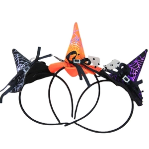 Halloween witch hat headbands with spider web patterns and bows in black, orange, and purple