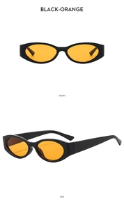 Front and side view of Y2K black oval sunglasses with vibrant orange lenses