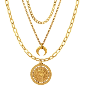 Gold layered necklace set with moon and lion head coin pendants in 18K plated titanium steel