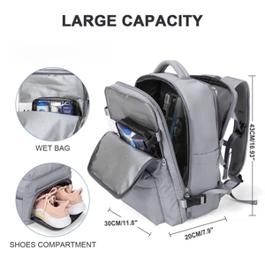 Detail view of large capacity backpack with wet bag and shoe compartment dimensions