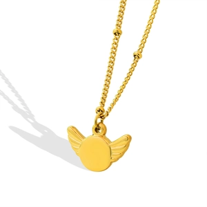 Titanium steel wing necklace with gold beaded O-chain and round pendant on white background