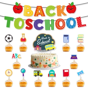 Detail of colorful Back to School party set with banners and themed cupcake toppers