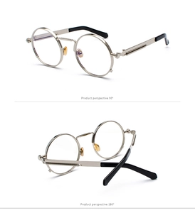 Macro side and folded views of vintage steampunk sunglasses with silver round metal frame