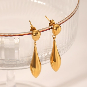 Elegant 18K gold-plated stainless steel water drop earrings for women on glass