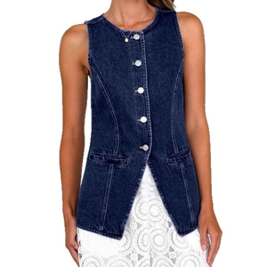 Vintage dark blue denim vest for women with round neck and slim fit waist design