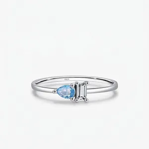Pear Shape Light Blue Zircon Ring 925 Sterling Silver Minimalist Rectangular Clear Stone Stackable Finger Jewelry For Women