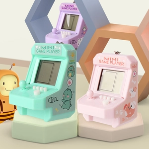 Mini retro arcade game consoles in pastel purple, green, and pink with joysticks