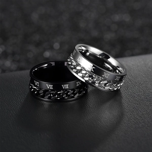 Mens stainless steel spinner ring with roman numerals and rotatable chain design