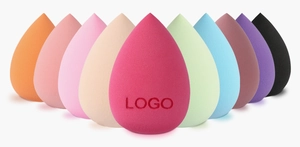 Detailed V-shaped display of multi-colored teardrop non-latex makeup sponges in various shades
