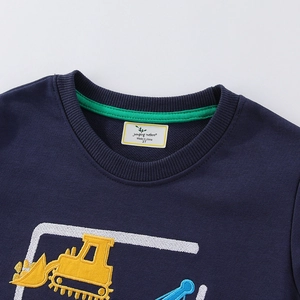 Dunkelblaues Mädchen-Sweatshirt mit gelber Bagger-Stickerei und Rundhalsausschnitt