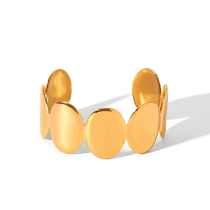 Polished 18K gold-plated stainless steel oval disc open bangle for women in minimalist style