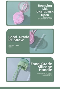 Detail view of pink pop-up lid, food-grade PE straw and green silicone carrying strap