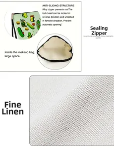 Detailed macro view of the silver metal zipper and linen texture on cucumber cosmetic bag