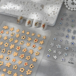 Floral gold leaf nail stickers with colorful rhinestones for DIY manicure art
