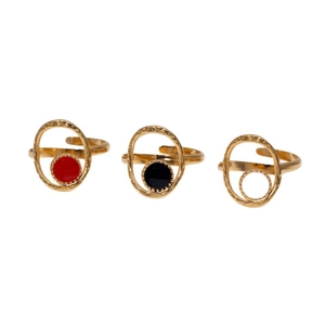 French vintage stainless steel 18k gold plated open rings in red and black enamel